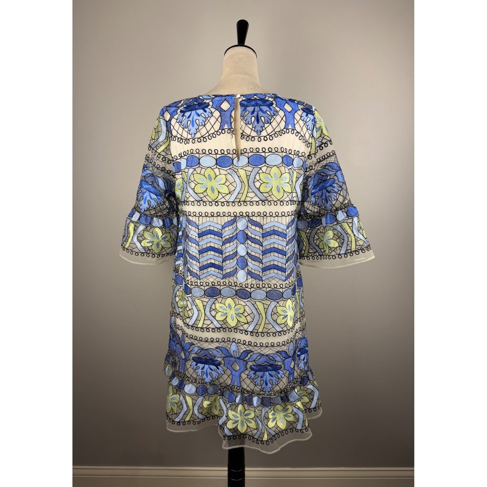 ECI New York Shift Dress Womens 10 Blue Floral Embroidered Bell Sleeve - Picture 5 of 8